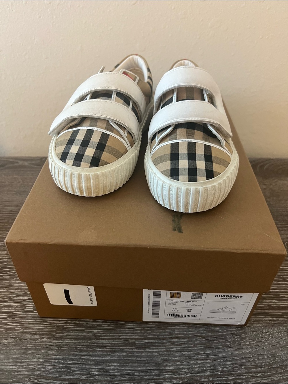 Burberry Kids Beige Nova Check Velcro Sneakers with White Straps